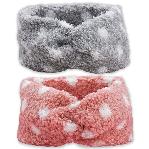 FROG SAC 2 Fuzzy Winter Headbands for Girls, Polka Dot Sherpa Ear Warmer Headband for Kids, Wide Pink and Grey Furry Ear Warmers for Girls, Cold Weather Thick Stretch Elastic Knot Hair Accessories