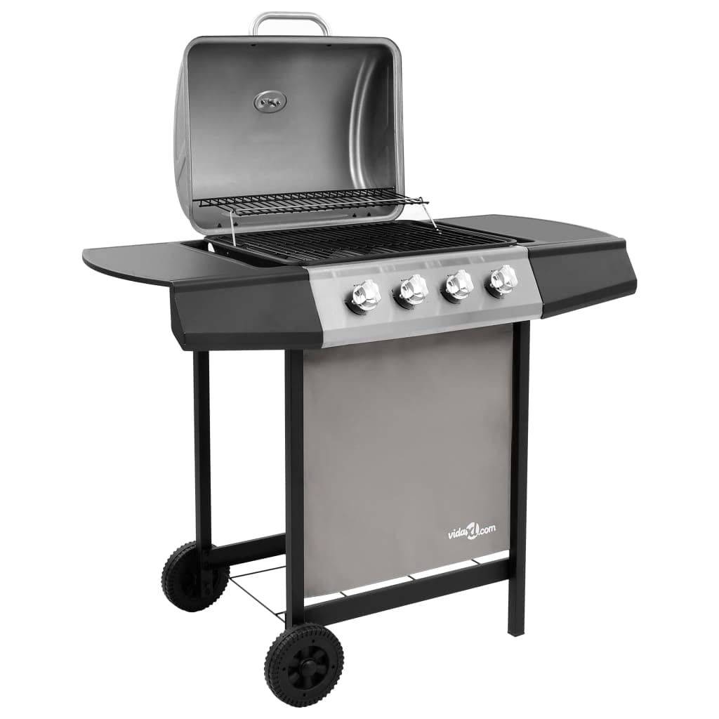 Barbecue a gas con 4 fuochi, stazione barbecue da giardino con copertura, termometro e ripiani, nero e argento