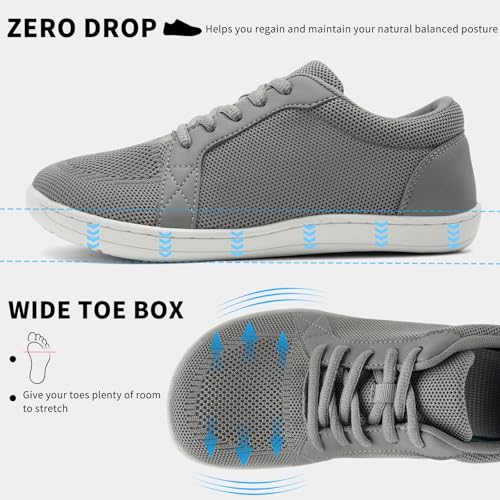 Walking Shoes Women Barefoot Shoes Wide Toe Box Minimalist Shoes Casual Zero Drop Sole Outdoor Trail Running Fashion Sneaker Grey Size 102