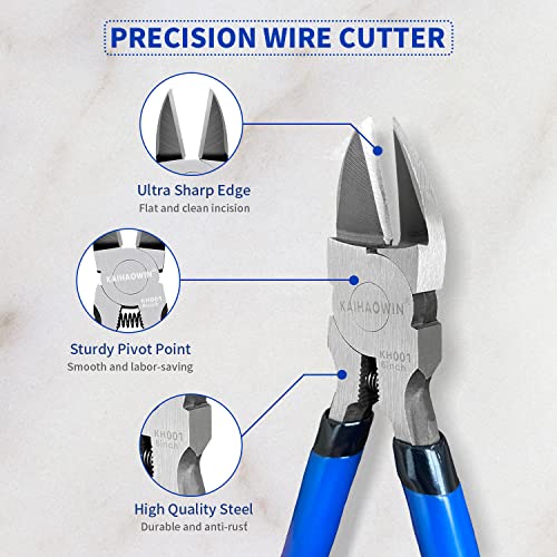 Wire Cutters 2 Pack, 6.5 Inch,Kaihaowin Flush Cutters Diagonal Cutters Side Cutters Precision Ultra Sharp Spring Loaded Wire Snips Clippers Dikes Cutting Pliers Small For Crafting Jewelry Making,Blue #TOP3