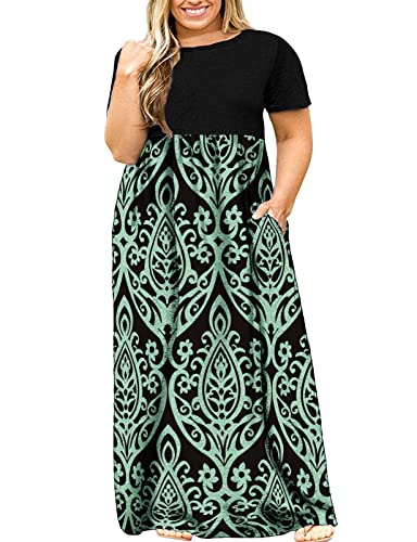 Image of Kancystore Women's Plus Size Maxi Dress with Pockets Summer Dresses XL-5X | Plus Size High Waisted Long Length Beach Dress, Empire Waist Round Neck Casual Dress, Solid Striped Floral Tie Dye Colors