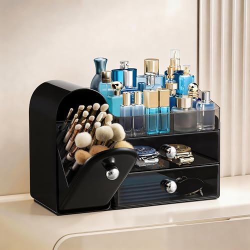 Image of HBlife Makeup Organizer Countertop with Drawers, Cologne Organizer for Men, Vanity Organizers with Brush Holder, Bathroom Countertop Organizer Skin Care Storage, Gift for Dad Husband, Black Silver