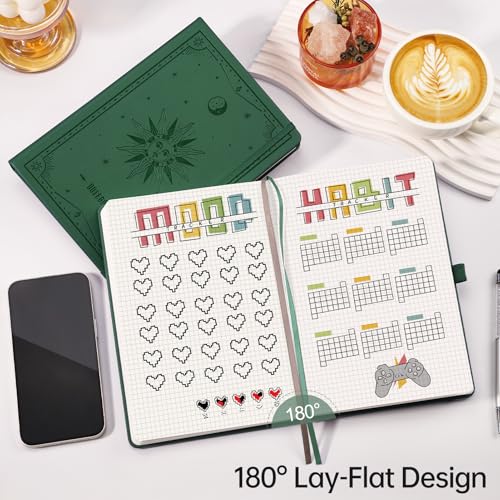 Image of EMSHOI Graph Grid Journal Notebook, 192 Pages, A5 Size (5.7'' x 8.3'') | Leather Hardcover, 100 GSM Thick Paper, for School, Note Taking, Math, Engineering, Sun Debossed (Dark Green)