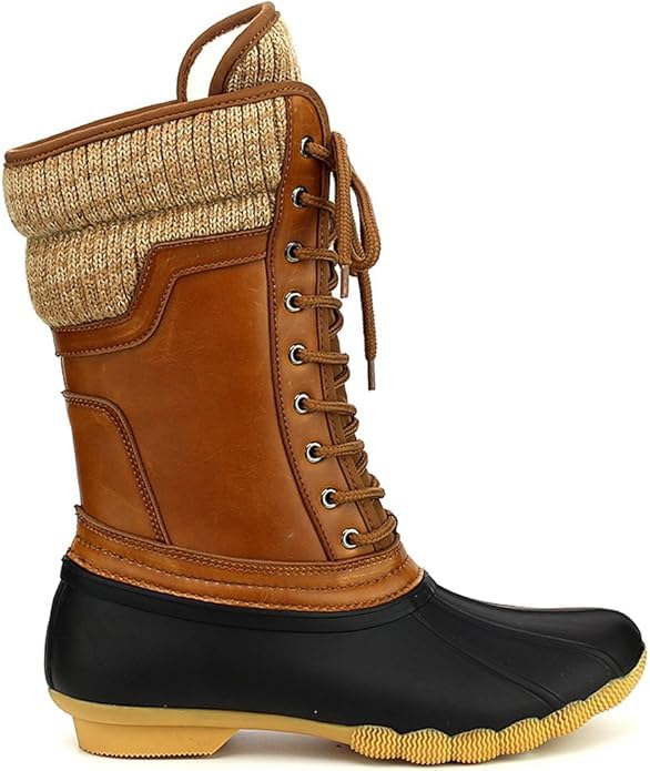 Winter Duck Boots with Knit Collar, Waterproof, Warm Lined, Lace-up Design, Brown and Black