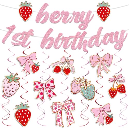 Image of Yunlly Berry First Birthday Party Decorations Strawberry Coquette Bow Hanging Swirls Berry 1st Birthday Banner Disco Balloon Rodeo Bachelorette Decor Supplies for Baby Shower Party Favors