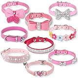 9 Pieces Pink Rhinestones Dog Collar PU Leather Puppy Collars Crystal Bling Cat Dog Necklet with Bow Bone Heart Flower for Pets Puppies Cats Accessories, X Small