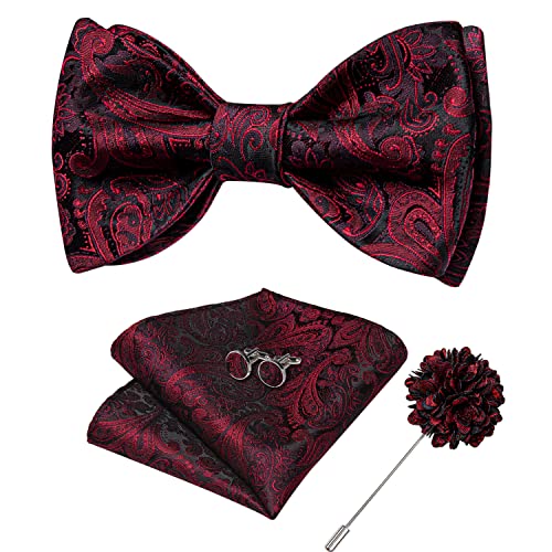 Image of DiBanGu Paisley Bow Ties for Men Silk Self Tied Bowtie and Pocket Square Cufflinks with Lapel Pin for Wedding Party