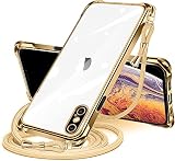 NISIILNG iPhone XS Max 用 ケース クリア ショルダー iphone xs max スマホケース アイフォンXSMax カバー 肩掛け 斜めかけ 縄掛けケース 透明 TPU 薄型 軽量 耐衝撃 紐付き 斜めがけ 織りストラップ付き ネックストラップ ショルダー 縦/横 2WAY 長さ調整可能 取り外し可能 落下防止 紛失防止 (ゴールド)