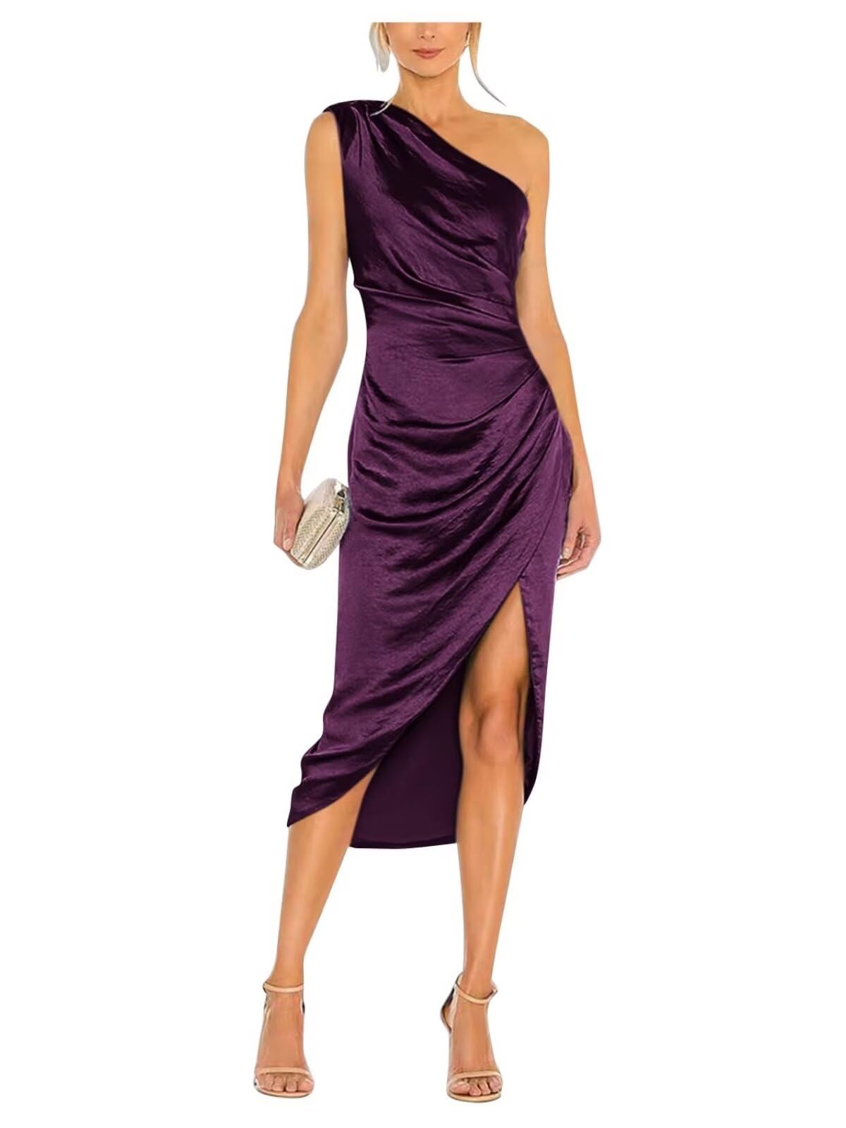 Satin Bridesmaid Dresses for Women One Shoulder Prom Dress Pleated Midi Formal Cocktail Gown Wedding Guest Dress with Slit