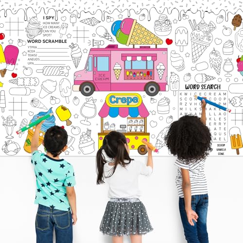 Image of Naozinebi Ice Cream Giant Coloring Poster for Kids Summer Large Coloring Tablecloth Big Paper Sheets Page Sweet Theme Table Cloth DIY Activity Game Art Crafts Mat Wall Home Party Decoration Supplies
