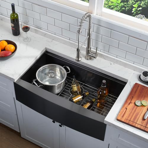 Image of 33 Inch Black Farmhouse Sink, Undermount Stainless Steel Apron Front Farm Kitchen Sink Single Bowl Workstation 16 Gauge 33x20x9 with Accessories