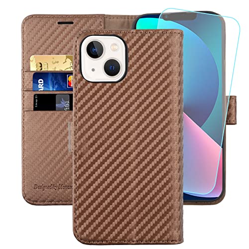 MONASAY Wallet Case Compatible for iPhone 14/13 5G,[Glass Screen Protector Included] [RFID Blocking] Flip Folio Leather Cell Phone Cover with Credit Card Holder?6.1-inch?Coffee