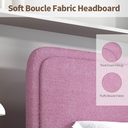 Image of BarnFurin Queen Bed Frame, Cloud Boucle Headboard, Low Profile, Rose Pink | Soft boucle and rounded edges create a low-profile cloud look. Wooden slats support the mattress without a box spring