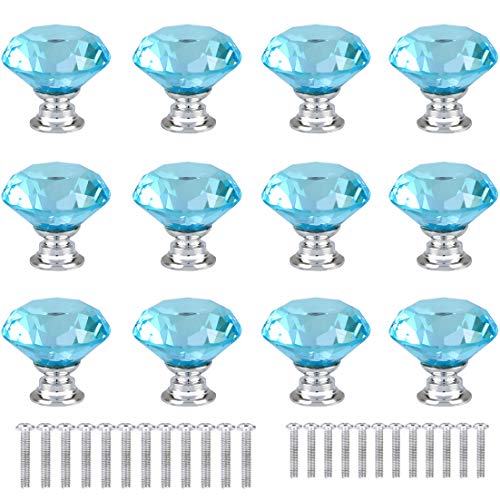 Anjuu 12 Pcs 30Mm Diamond Shape Crystal Glass Cabinet Knobs With Screws Drawer Knob Pull Handle Used For Kitchen, Dresser, Door, Cupboard (Azure) #TOP8