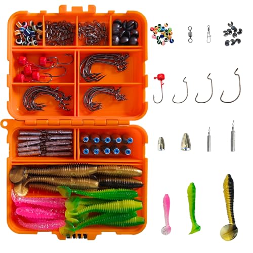 ELLYCIO 142pcs Fishing Accessories Kit, Fishing Tackle Box with Tackle Included, Texas Rig Hooks, Weights, Beads, Round Split Shot, Soft Plastic Baits for Bass Fishing