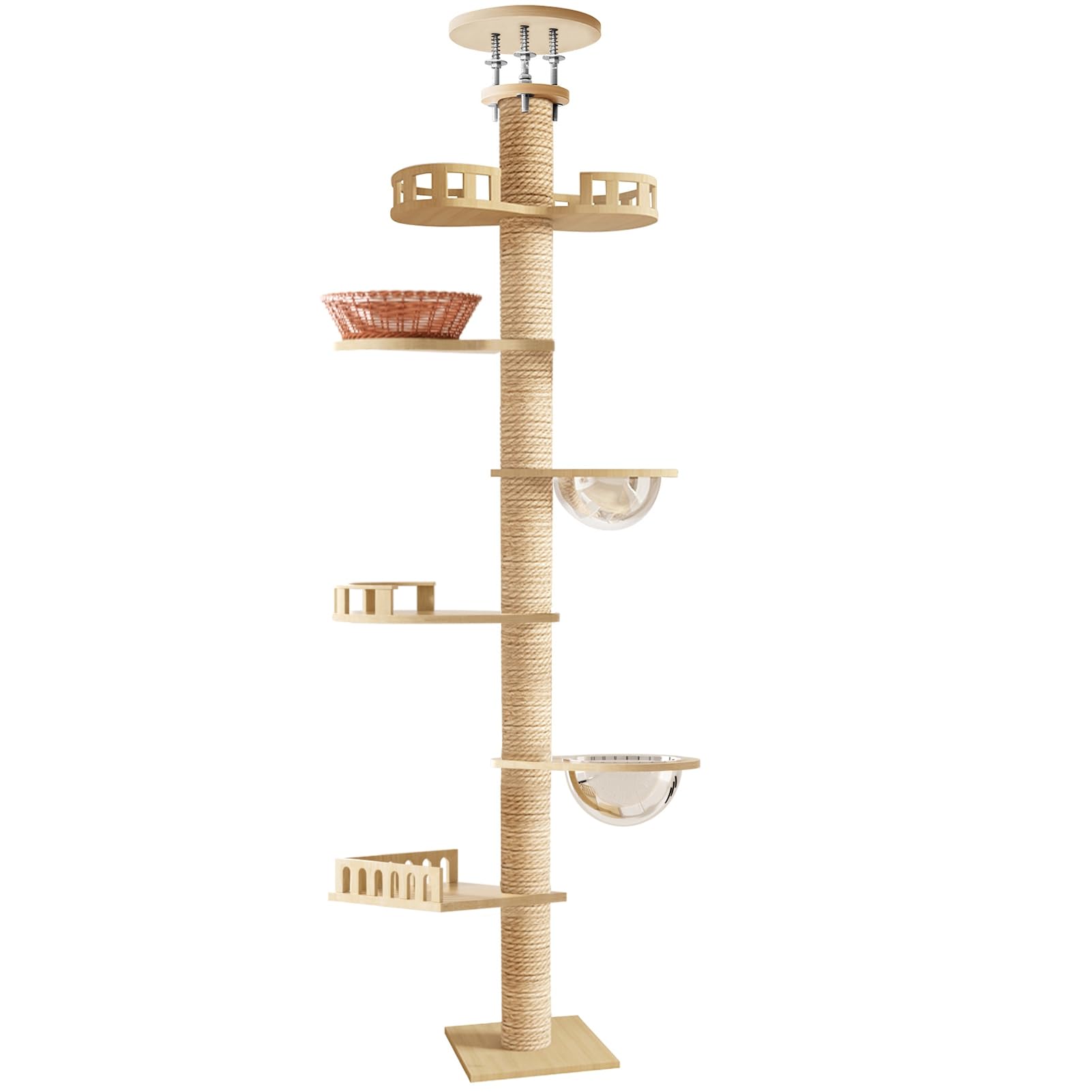 Árbol para gatos, suelo hasta techo, altura ajustable, poste rascador de cáñamo de 6 niveles, árbol de actividad para gatos alto y estable, rascador de gato interior según peso 20-30 kg, 2-3 gatos