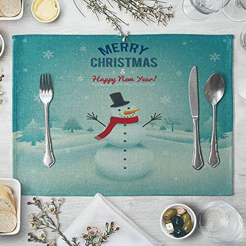 Homxi Manteles Individuales 2 Piezas,40x30CM,Manteles Individuales Algodon y Lino Merry Christmas Happy New Year Monigote de Nieve Salvamanteles Blanco Verde