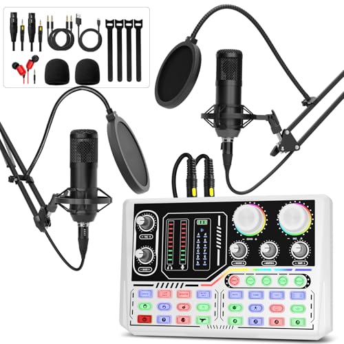 Podcast Equipment Bundle for 2, Voice Change, Audio Interface for Live Streaming with Studio Microphone for Recording, Gaming,Live-broadcast, YouTube-White