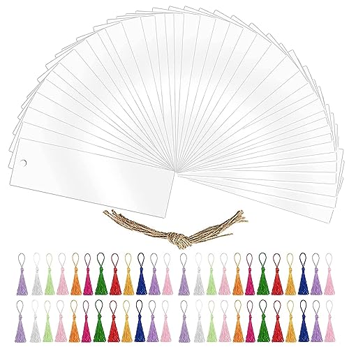 30 Stück Rechteckige Acryl Lesezeichen, BetterJonny Blanko Acryl Lesezeichen Rohling mit 36 Bunten Quaste Leere Craft Lesezeiche Transparente Lesezeiche für DIY Basteln Notizbuch, 12 * 3.2cm