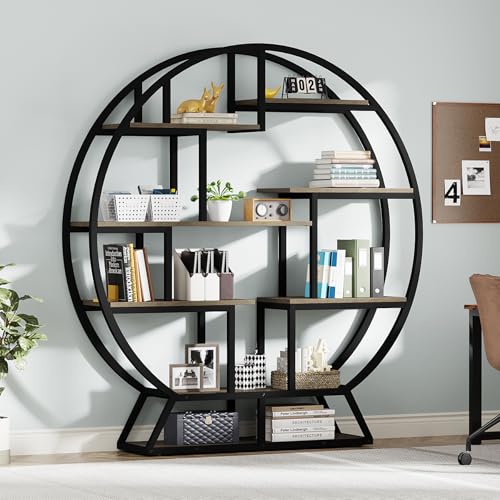 Image of Tribesigns Bookshelf, Round Bookshelves Etagere Bookcase, 63 Inch Industrial Wood Book Shelf with Staggered Shelves, Open Shelving Organizer Rack Display Shelf for Home Office, Living Room, Grey