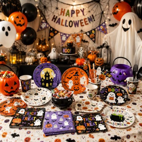 Image of LINHAXM 60 PCS Halloween Plates and Napkins Set, Halloween Party Supplies with Ghost Pumpkin Bat Plates and Napkins for Halloween Birthday Party Decorations