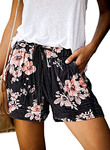 Elapsy Womens Ladies Elegant Summer Casual Short Drawstring Elastic Waist Summer Workout Floral Print Hot Running Loungewear Shorts with Pockets Black Large