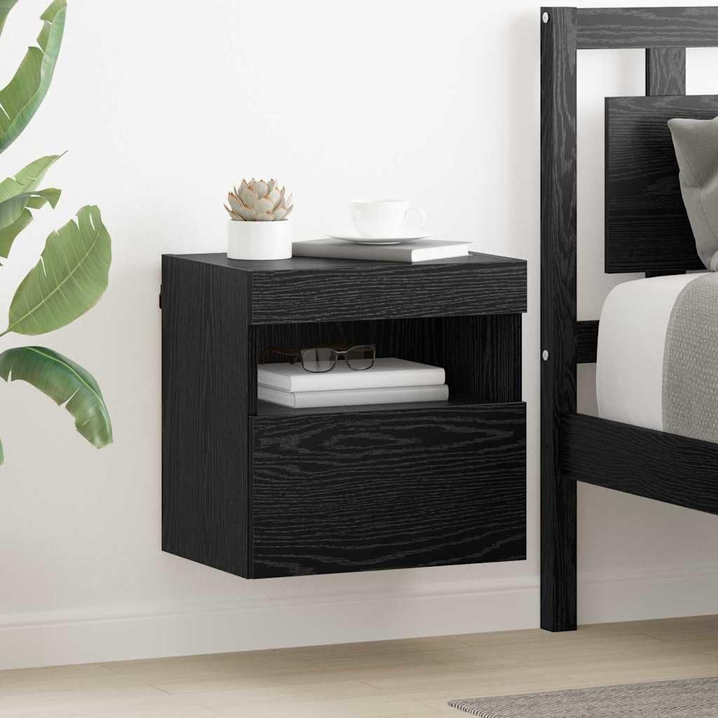 Étagère murale pour TV, aspect chêne, noire, 40 x 30 x 40 cm, en matériau du bois, support TV flottant, avec éclairage LED, console multimédia pour salon, chambre à coucher, centre de