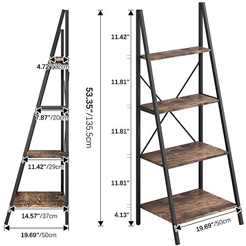 4NM Industrial 4-Tier Ladder Shelf, Metal Bookshelf Multifunctional Plant Flower Stand Storage Rack Shelves - Rustic Brown and Black