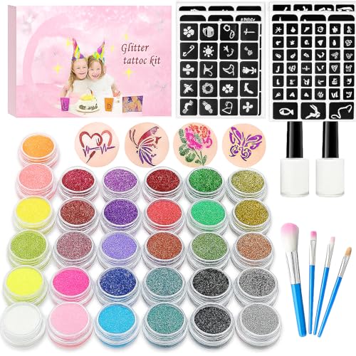 Kievano Kit de tatuajes temporales niños con purpurina – 31 colores brillantes, 243 plantillas, 2 pegamentos, 1 pincel, tatuajes niños seguros para fiestas, Navidad y regalos