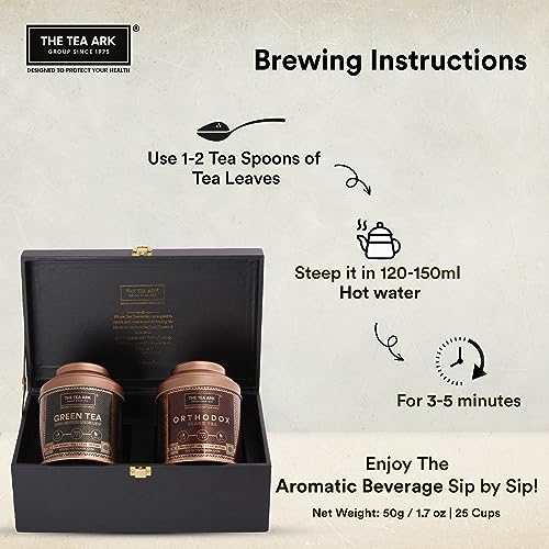 Image of The Tea Ark Delight Christmas New Year Gift Box | Orthodox Black & High Grown Long Leaf Green Tea | Elevate Your Tea Experience (50g x 2 Dome Tins)