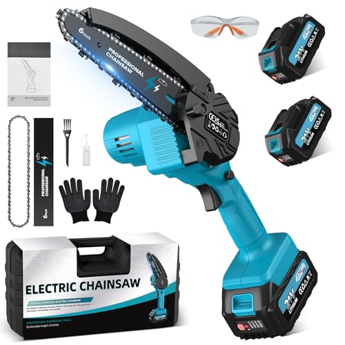 Mini Motosierra Bateria 6 Pulgadas, Motosierra Eléctrica con 2x4000mAh Bateria, Sierra Electrica con Cadena Reemplazable, Depósito Para El Aceite, para Podar Arboles Jardinería DIY
