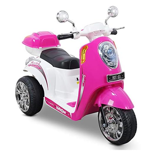 Kidzone Ride On Motorcycle Toy for Toddlers Aged 3+ Years - 6V Battery-Powered 3-Wheel Power Scooter with Music, Headlight, Horn, Storage Trunk, Key Switch - for Boys & Girls, Pink