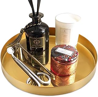 Jucoan 20cm Round Jewelry and Make Up Organiser, Gold Metal Decorative Tray Perfume Holder Candle Plate Cosmetic Trays for Vanity Dresser Bathroom Bedroom, Serving Tray for Drink Breakfast Tea Dinner