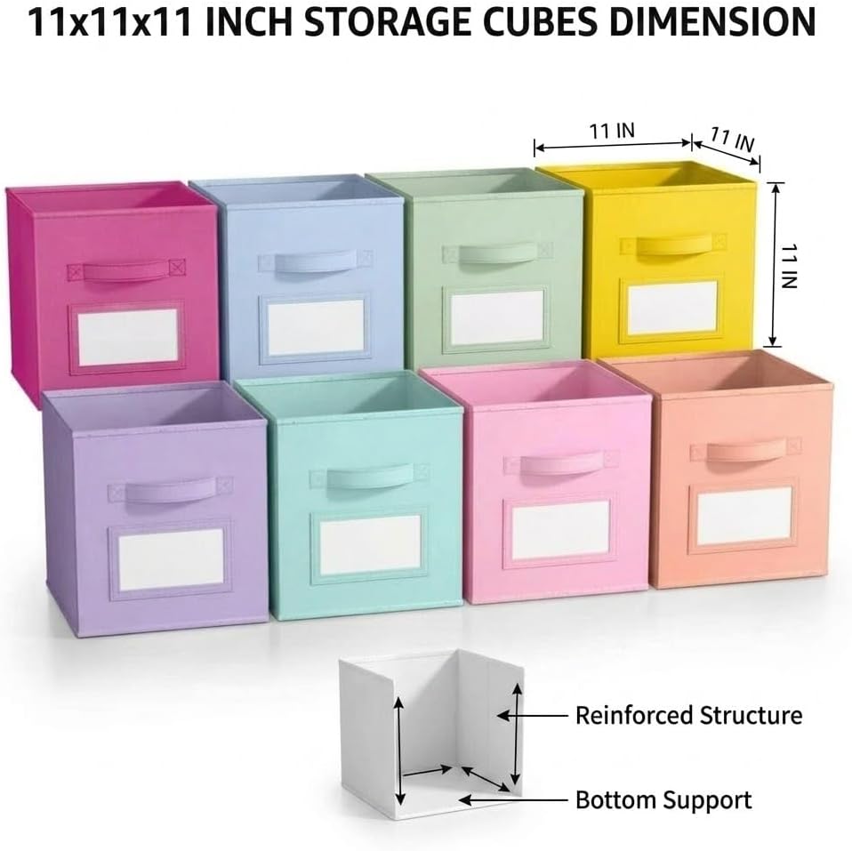 SUREMAX 11 Inch Cube Storage Bin with Label Window,8 Pack 8-Color Collapsible Storage Bins for Closet Organizers and Storage, Fabric Foldable Storage Cubes for Kids Room & Shelves