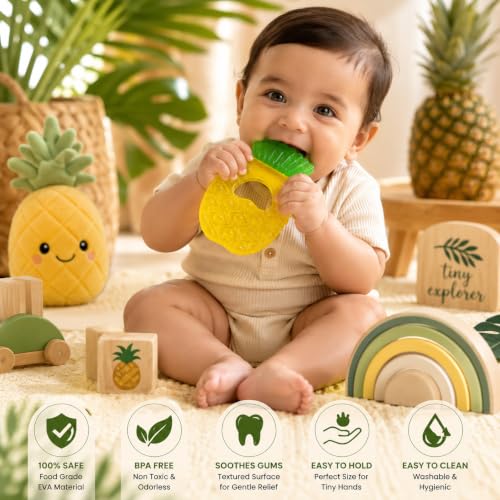 Image of CHICAGOZONE Premium Baby Silicone Teether Ring Toy - BPA Free Soft Teething Toy for Infants, Multi-Texture Sensory Chew Toy, Easy Grip Teether for Babies 3-12 Months, Cute Animal Design (Multicolor) (PINEAPPLE SHAPE)