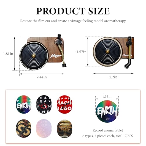 Image of KVAEY 2 PCS Car Air Fresheners Vent Clips, Retro Style Record Player Car Air Fresheners Vent Clips, Rotatable Fragrance Diffusers Clips Include 12 Aroma Tablets for Music Lover