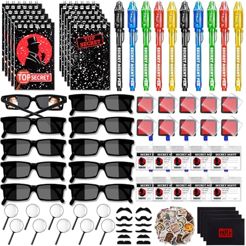 Zenoble 132Pcs Spy Detective Party Favors Kit for Kids Sunglasses, Invisible Ink Pen, Magnifying Glass, Secret Agent Name Tags for Spy Cosplay Escape Room Party Favors Detective Party Decorations