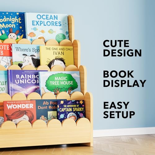 Image of SpaceAid 4-Tier Scalloped Bookshelf, Montessori Bookcase for Toddlers, Wooden Book Shelf Organizer Display Furniture for Kids Rooms, Playroom, Nursery and Classroom, 29.6 inch Wide, Natural