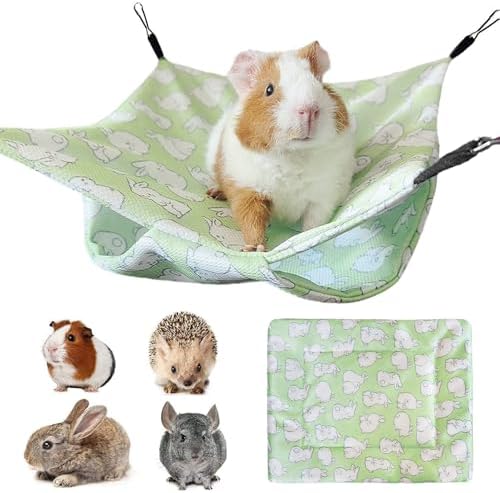 2 camas pequeñas de seda helada para animales, 1 cama colgante de doble capa de 28x28 cm y 1 tapete de 15x20 cm, con estampado de conejo, para hámster, conejo, cobaya, color verde.