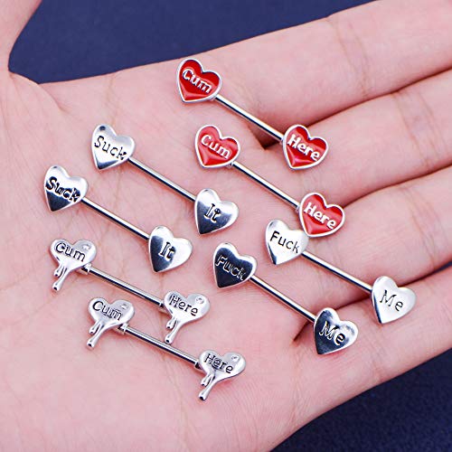 Oufer 2Pcs 14G Stainless Steel Nipplerings Barbell Heart With Carved Cum Here Nipple Rings Piercing For Women Men In Body Piercing Jewelry #TOP4