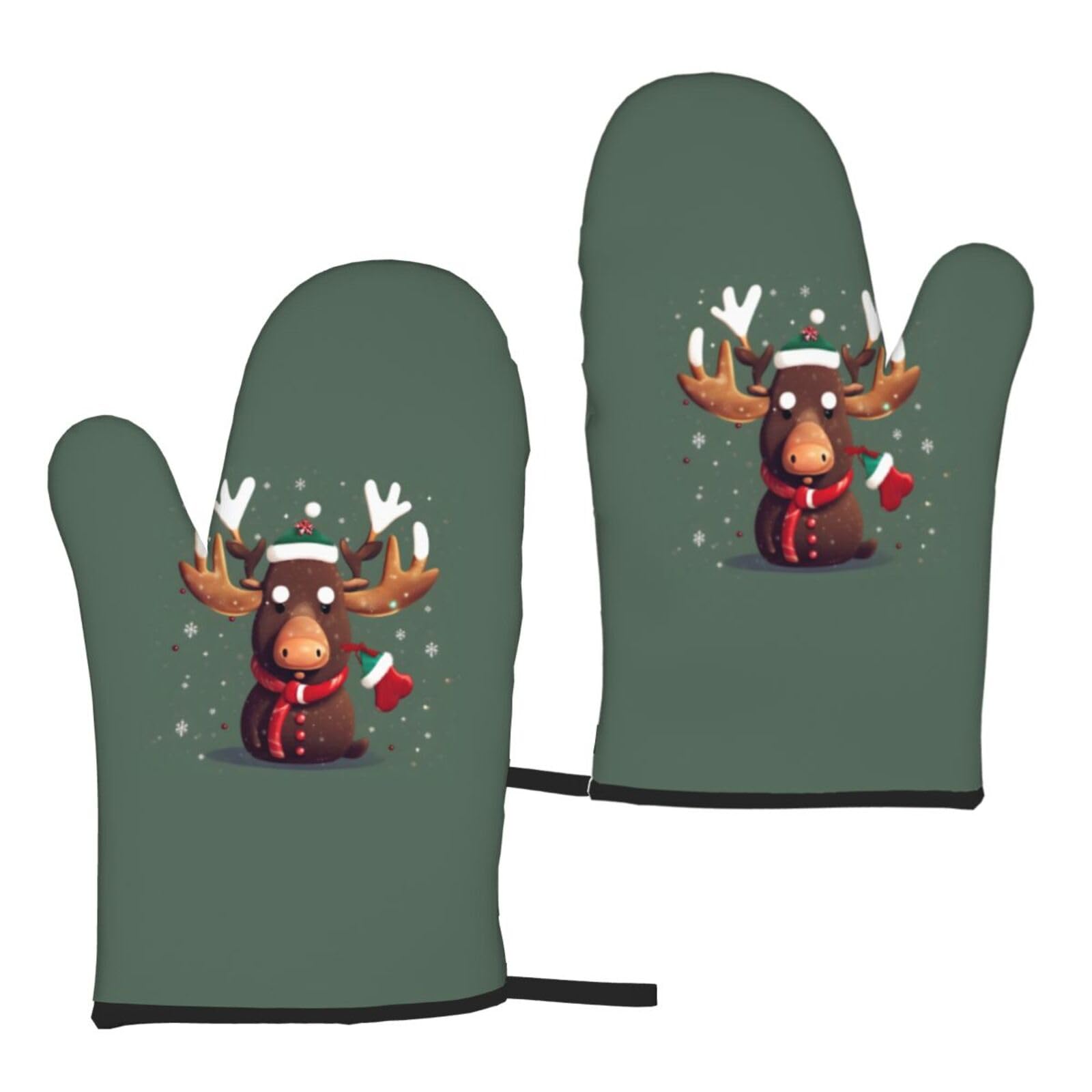 Funny Christmas Moose Head Print Heat Resistant Universal Fit Oven Microwave Gloves Home Cooking Baking Grilling