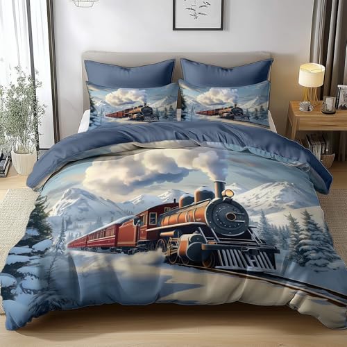 Housse de Couette 140x200 cm Peinture À L'Huile D'Un Train À Vapeur D'Époque Parure de Lit 1...