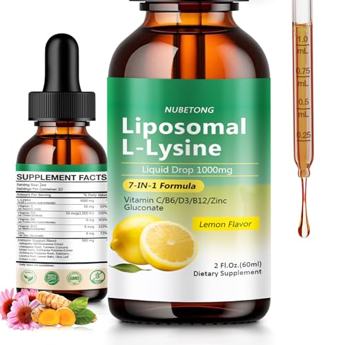 Liposomal L-Lysine 1000mg Liquid Drops 7-in-1 Lysine Supplement for Adults with Vitamin C/B6/D3/B12 & Zinc Gluconate Immune Support Collagen Synthesis & Skin Lip Health Lemon Flavor 2 Fl Oz