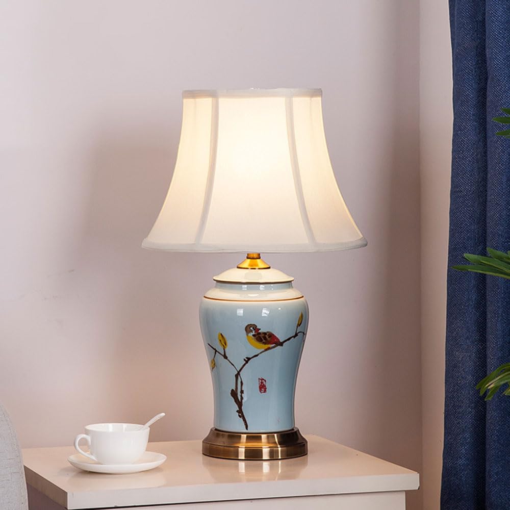 asdchZen American Durable Farmhouse Porcelain Desk Lamps, 21.2‘'Oriental Ceramic Table Lamp, Fabric Lampshade Bedside Nightstand Lamp, For Bedroom Living Room Home Office-A,B