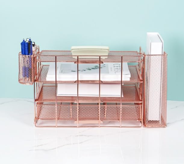Organizzatore Scrivania OPNICE Desk Organizers And Accessories, Organizer with Drawer, 4-Tier Paper Tray with 2 Pen Holders + File Holder, Office for Supplies(Rose Gold) Ufficio(A)