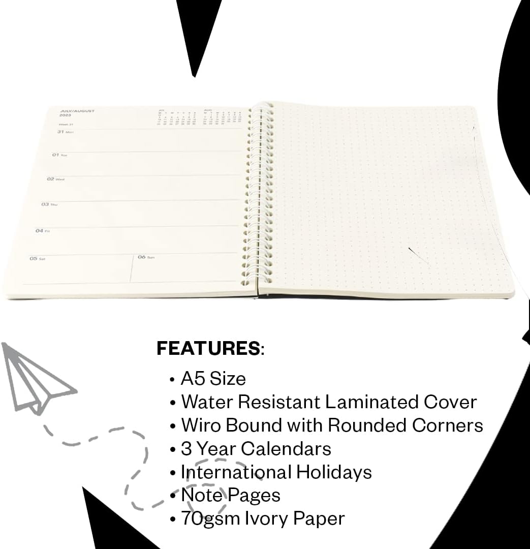 Collins Debden Jumble & Co Convo Icon A5 Week to View Wiro Bound 2023 Diary Clean Slate Black - Weekly Journal with dotted pages