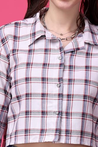 Image of POPWINGS Casual Pure Cotton Checks Crop Shirt for Women | Stylish Western Crop Shirt for Women | Full Sleeves Crop Shirt for Women