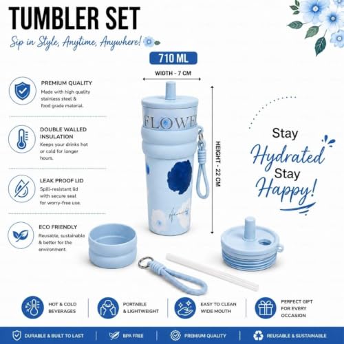 Image of STARFLYER Stylish Reusable Drinking Cup for Water, Juice & Cold Beverages | Portable Travel for Home, Office & Daily Use. (700ml Blue Rose Tumbler)