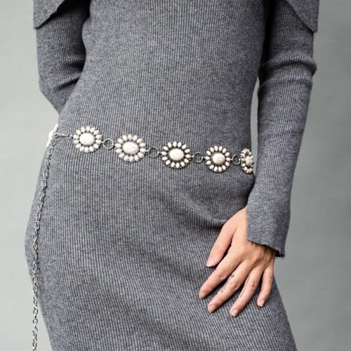 SKINFORD 2 PcsWestern Concho Belt and Earrings Oval Turquoise Chain Belt Boho Metal Waist Chain for Dresses Jeans4