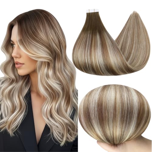 Image of Full Shine Hair Extensions Tape In, 18 Inch Chestnut Brown Blonde | 100g 40PCS, Straight Double Sided Tape in Hair Extensions, Seamless Skin Weft Lightweight Finish for Daily Wear